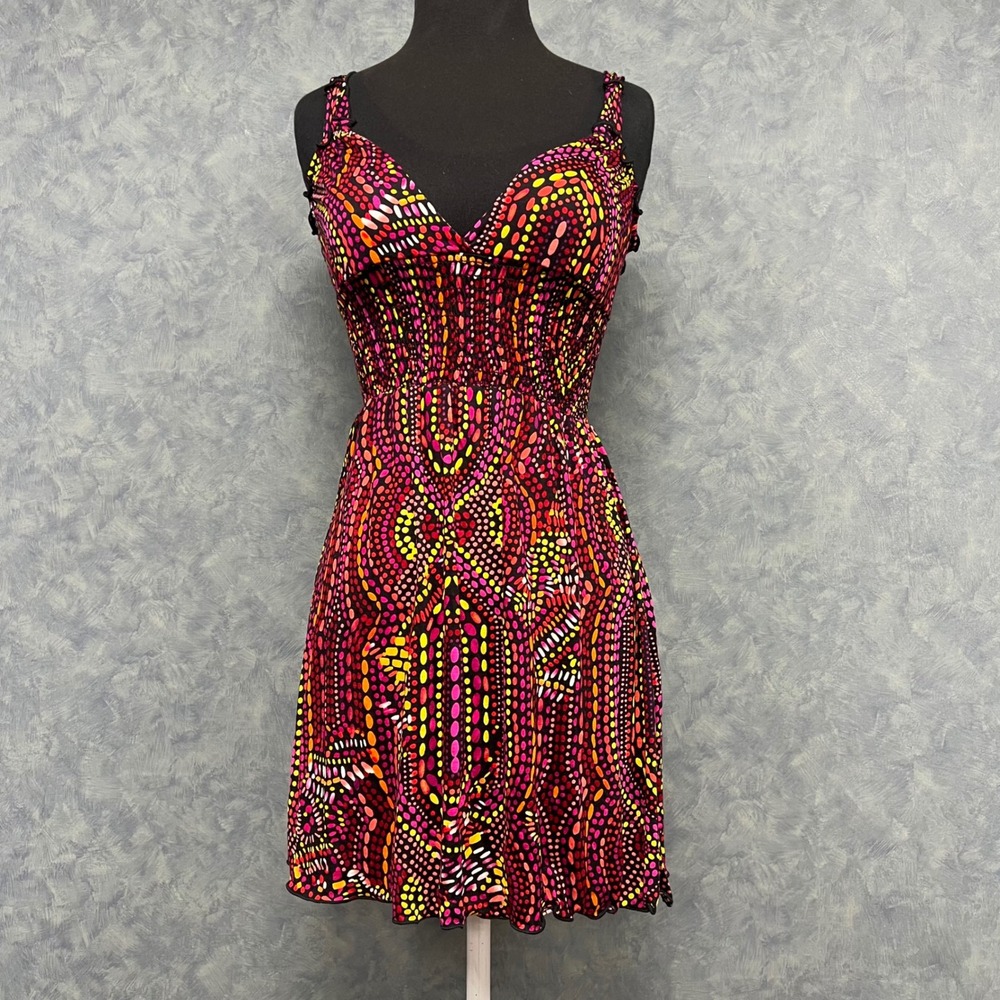 Lucy Love Mini Dress Sleeveless Smocked V‎ Neck Colorful Print XS